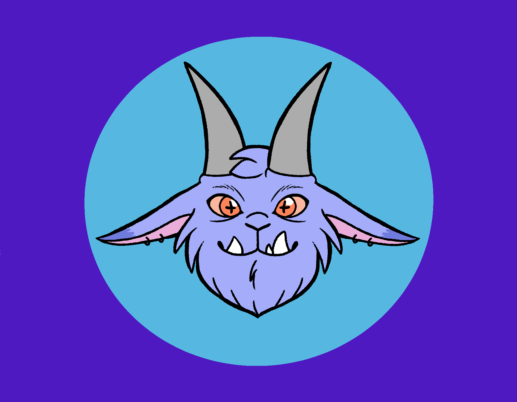 A digital drawing featuring the symmetrical face of Bentley Beast, Cartoon Creature Lover's lavender, goat-like, monster mascot.